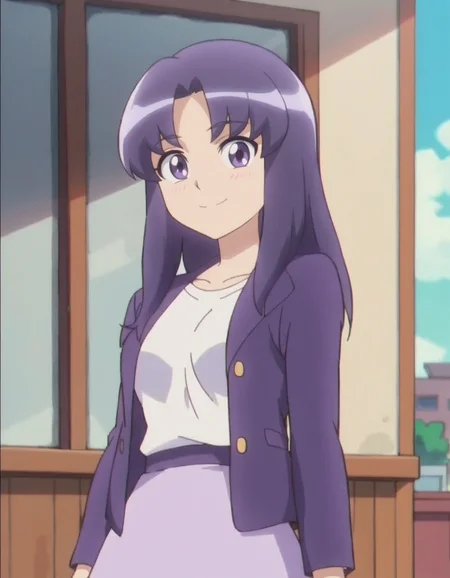 score_9, score_8_up, score_7_up, anime screencap, solo,1girl,hikawaiona,purple skirt, smile,purple jacket, looking at viewer, white shirt, long sleeves,medium breasts,cowboy shot, blush,<lora:hikawaiona:0.8>