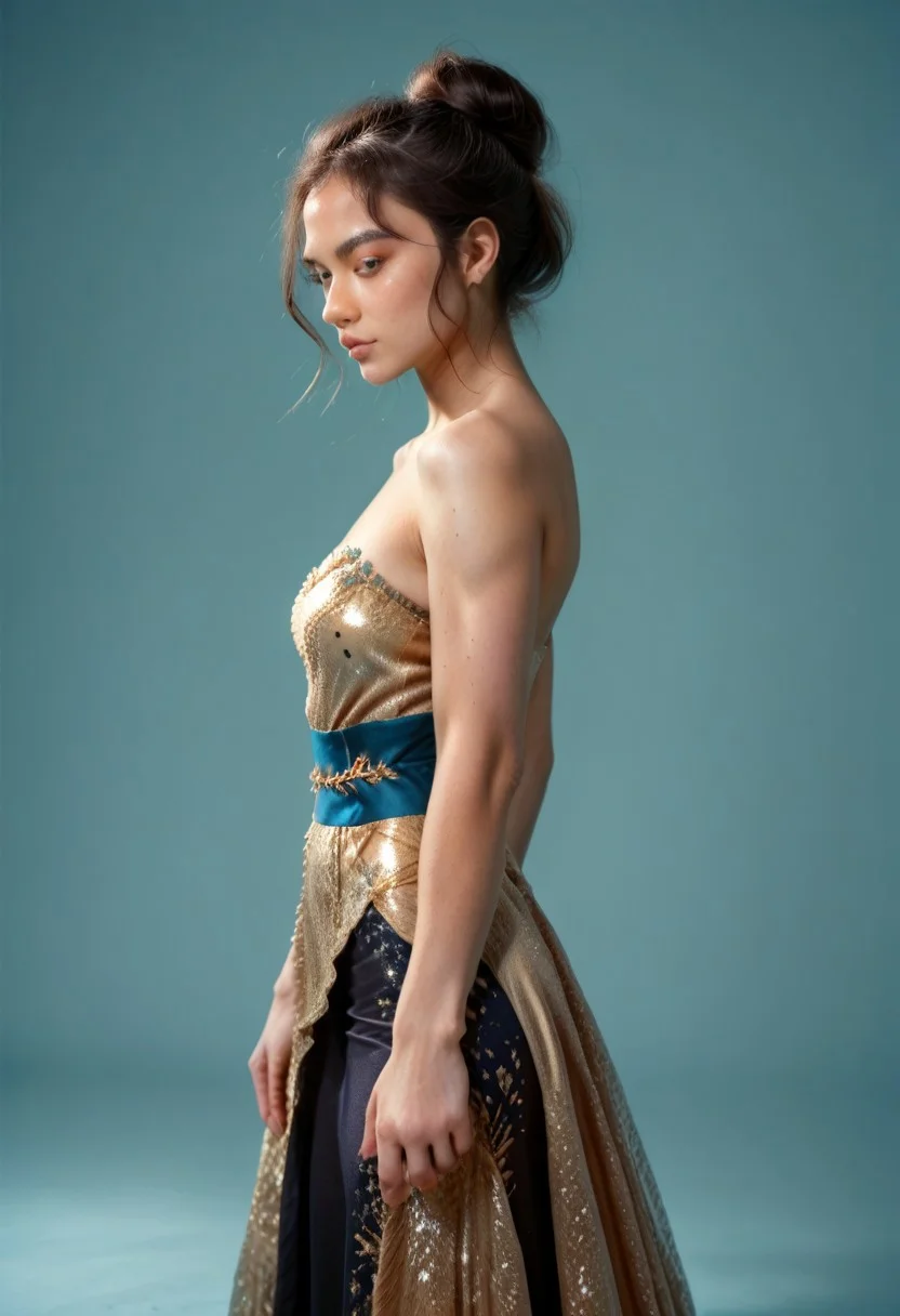 score_9, score_8_up, score_7_up, black colored kebaya dress (long dress, skin tight, strapless, off shoulder, luxurious design, simple sash, sequin skirt, brocaded),
pureerosface_v1, JDMAI_KEBAYA, JDMAI_ARIEL_SARI,
(dynamic lighting), (dynamic shadow), 4k, HD, Hi res, cinematic masterpiece, photographic masterpieces, epiCPhoto,
Neat hair bun, professional makeup, side view,
Portrait, upper body, alluring pose, confident facial expression,
(simple turquoise background), (blurry background), (sharp focus on object),