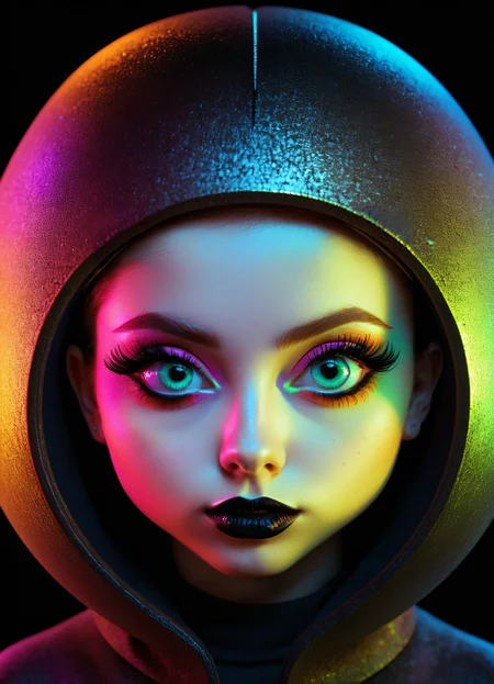 Ombre color scheme of neon yellow, neon blue, neon pink, neon green, neon orange, cinematic photo (in style of RAYMOND LOEWY:1.4) big eyed (alien woman:1.2), in the style of textured illustrations, dark gray and bronze, online sculpture, naoto hattori, jeremy lipking, dark sky-blue and orange <lora:Niji_glitch__neon_aesthetic:0.8> neon glitch <lora:GigerRainbowXL:0.49> g1h3r <lora:MJ52:0.7> <lora:ral-hnycmb:0.44> ral-hnycmb <lora:Retro_Ink_SDXL:0.38> retro ink <lora:Epic_Surreal:0.5> <lora:ip-adapter-faceid-plusv2_sdxl_lora:0.5> <lora:bigeyes-v2_16x8-4x1:4> big eyes, subsurface scattering, Photorealistic, Hyperrealistic, analog style, realistic, film photography, soft lighting, heavy shadow, 35mm photograph, film, bokeh, professional, 4k, highly detailed