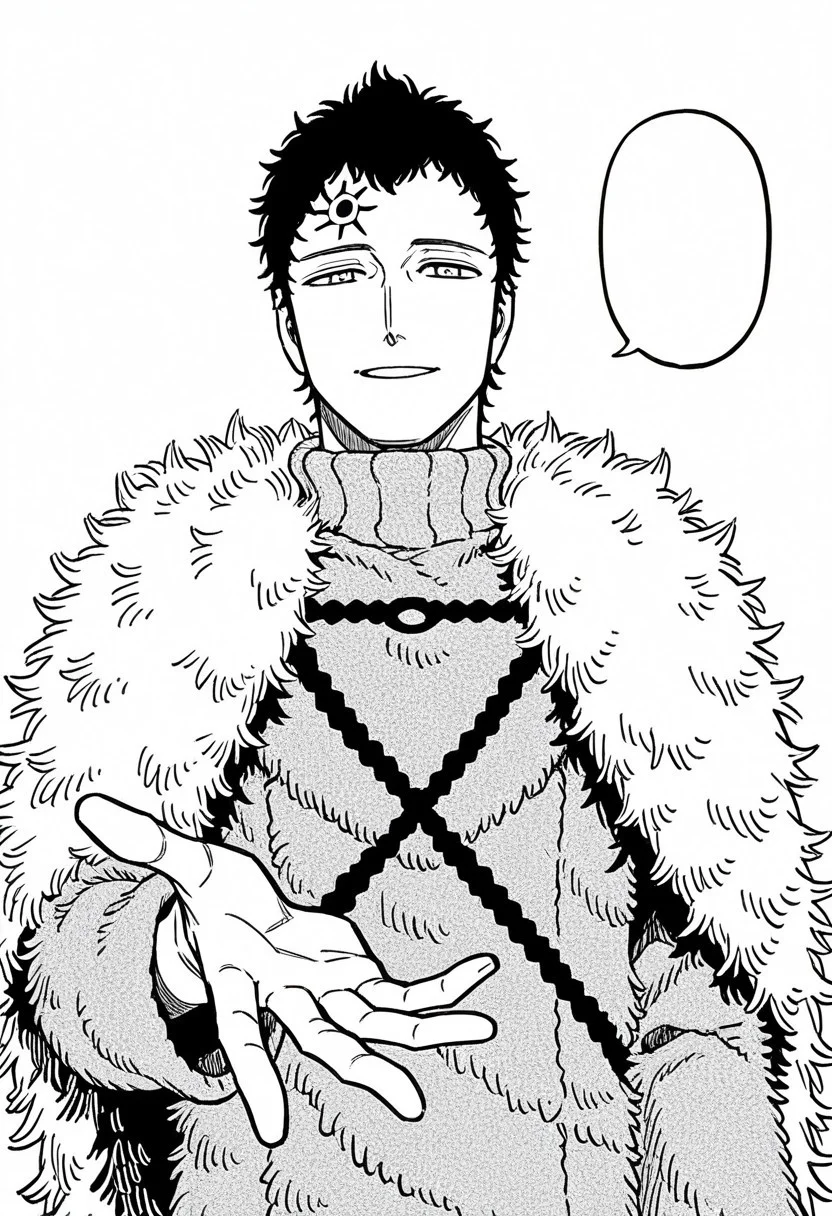 lucius(humanform), parted lips, smile, upper body,1boy, solo, short hair, black hair, sun mark on forehead, (fur robe), detailed knit texture, dark chest straps,fur trim, turtleneck, fur mantle, fur cape, long sleeves, middle body, standing, extended hand, hand, looking at viewer,blank speech bubble, front view, simple background, manga style, monochrome, greyscale