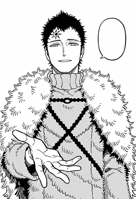lucius(humanform), parted lips, smile, upper body,1boy, solo, short hair, black hair, sun mark on forehead, (fur robe), detailed knit texture, dark chest straps,fur trim, turtleneck, fur mantle, fur cape, long sleeves, middle body, standing, extended hand, hand, looking at viewer,blank speech bubble, front view, simple background, manga style, monochrome, greyscale