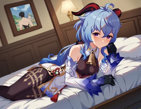 score_9, score_8_up, score_7_up, source_anime,
ganyu, <lora:genshin-ganyu-ingame-ponyxl-lora-nochekaiser:1>,
ganyu, blue hair, goat horns, horns, long hair, purple eyes, sidelocks, smile,
gloves, bare shoulders, detached sleeves, black gloves, bell, bodysuit, neck bell, black bodysuit, vision \(genshin impact\), bodystocking, cowbell, chinese knot,
indoors, bed, bed room, on side, blush, drunk,
looking at viewer, cowboy shot, dutch angle,