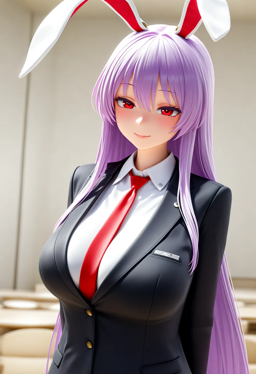 1girl,solo,reisen_udongein_inaba,large breasts,white collared shirt,black jacket,formal_clothes,smile,happy,shiny_skin,(upper_body:1.3),