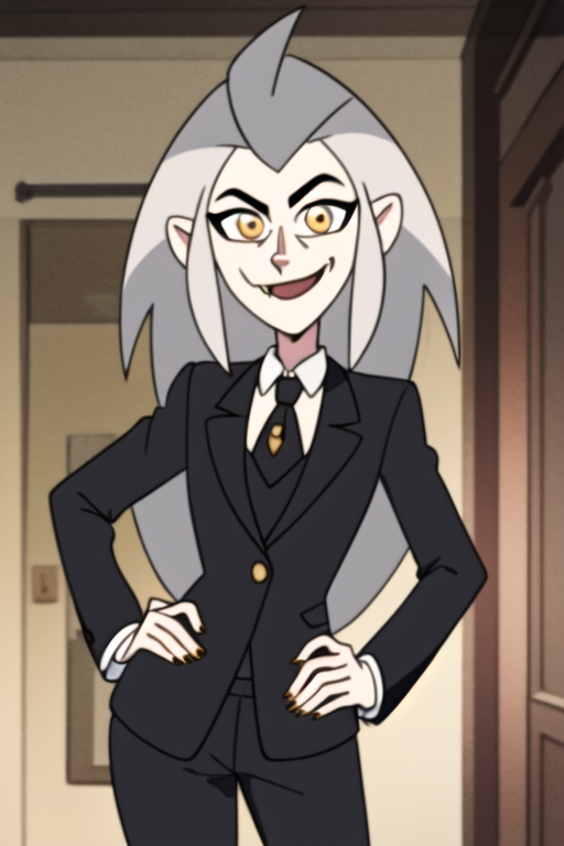 masterpiece, best quality, <lora:edalyn:0.8>, 1girl, solo, grey hair, long hair, yellow eyes, smile, looking at viewer, fang, suit, formal, black jacket, collared shirt, jewelry, looking at viewer, sunlight, delicated ilumination, highly detailed, indoors, elegant, standing, hands on hips,