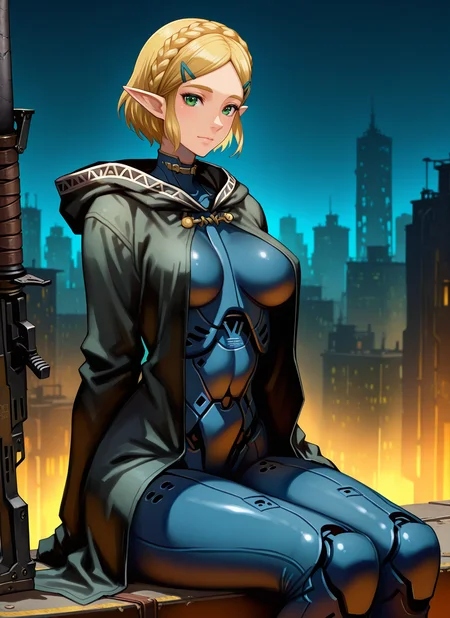 artist:, masterpiece, best quality, newest, very awa, absurdres, highres, jtts, 1girl, princess zelda, the legend of zelda, pointy ears, green eyes, blonde hair, short hair, crown braid, parted bangs, cyborg, cybernetic body, weapon, clothed, robe, sitting, night, futuristic city, lights, detailed, <lora:SDXL\Illustrous\Jittsu_style:1.0>