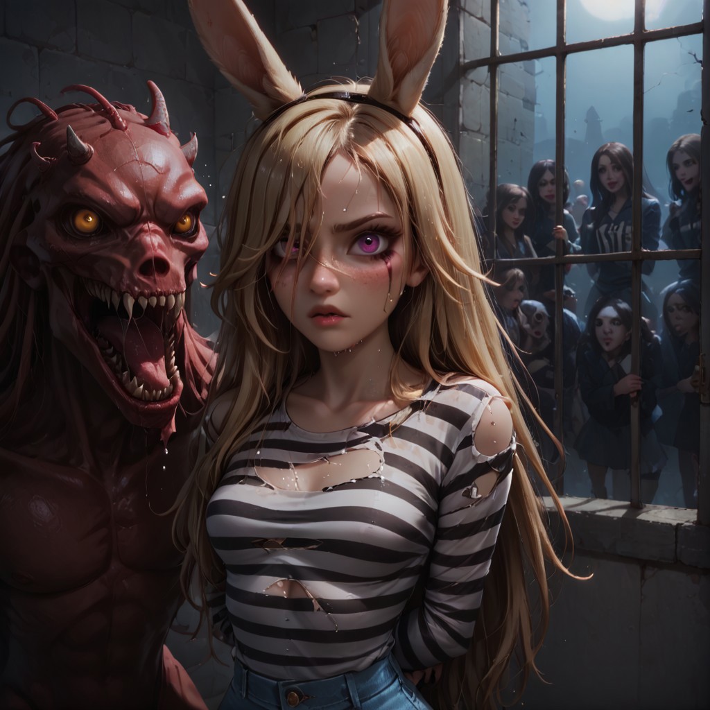 score_9, score_8_up, score_7_up, 1girl, cute face, petite, freckles, bttrfrckl, tan skin, heterochromia, pink eyes, hair over right eye, hair over one eye, blonde hair, messy hair, very long hair, medium breasts, rabbit ears, arms behind back, restrained, fading makeup, black nails, pout, upper body, dark theme, low light, horror scene, prison_clothes, prison clothes, tight clothes, striped shirt, long sleeves, torn shirt, prison cell, <lora:prison_clothes_XL:0.7>, BadDream, eye catching, drab, zombies, monster, undead, grabbed, undressed, cutoffs, wet, sweaty,