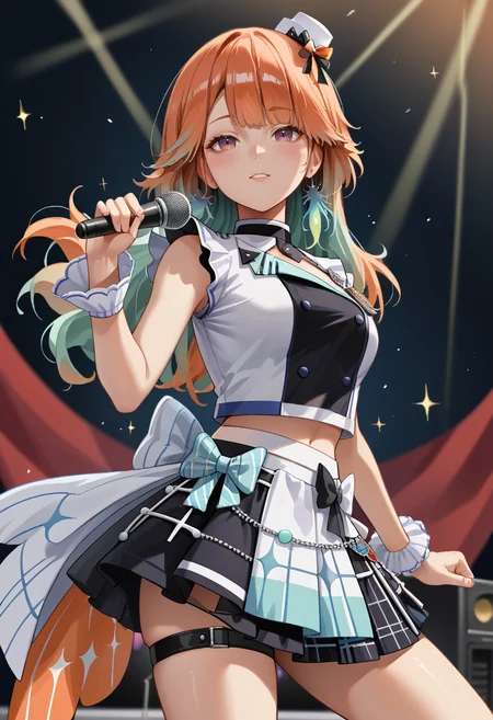 score_9, score_8_up, source_anime, KiaraIdol, long hair, gradient hair, mini hat, tilted headwear, feather earrings, hololive idol uniform, white uniform, black uniform, layered skirt, single sleeve, wrist cuffs, single thighhigh, thigh strap, concert, on stage, microphone, holding microphone, stage light, <lora:ChamTakanashiKiaraV2PonyXL:1>