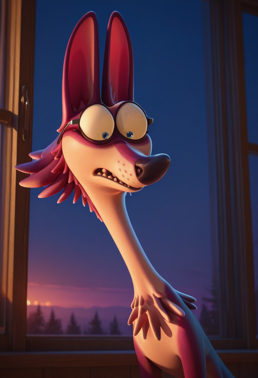 masterpiece, best quality, 32k, high resolution, absurdres, graciewolf, window, long neck, glasses, looking down, constricted pupils, sunset, 3d, night
