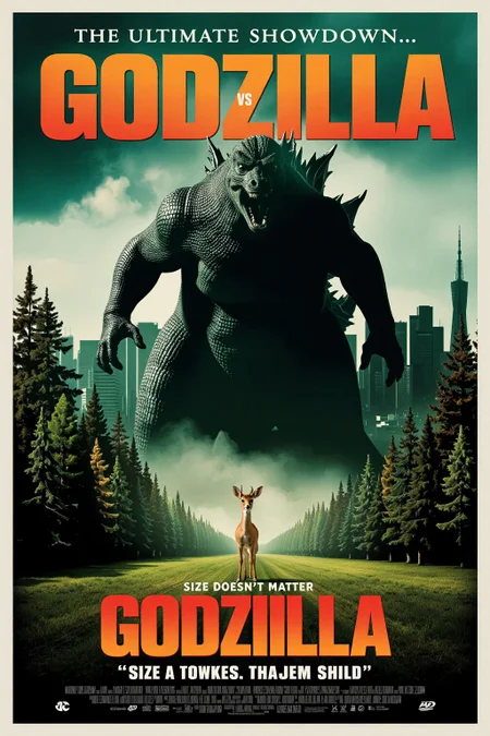 mvpstr. Epic Movie poster for "Godzilla vs. Bambi", showing a hilariously mismatched face-off between a colossal, roaring Godzilla and a tiny, wide-eyed Bambi. Godzilla towers above, casting a massive shadow over a peaceful forest clearing, with one foot raised dramatically as if about to step down. Meanwhile, Bambi stands frozen, looking up in utter shock, his small frame emphasizing the absurdity of the encounter.
The tagline reads: "The Ultimate Showdown... Size Doesn't Matter!" The background features a smoky, city skyline fading into the forest, blending epic action with a touch of comedy. The overall tone is lighthearted, poking fun at classic monster movie posters with vibrant colors and exaggerated expressions.
<lora:schnell_v1.0:1.0> <lora:EpicMoviePoster-000015:1.0><lora:788694010307897603:0>