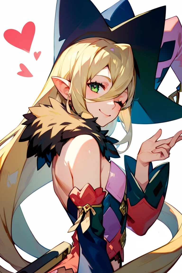 score_9, score_8_up, score_7_up, very aesthetic, source_anime, detailed, high quality, beautiful, masterpiece, detailed eyes,
simple background, heart, white background,
<lora:lightXL:0.8>
wink, blowing a kiss, from behind, looking back,
<lora:magilou_autismConfetti_v02:0.95>
magilou \(tales\), blonde hair, very long hair, green eyes, hair between eyes, pointy ears,
bare shoulders, hat, mismatched sleeves, asymmetrical sleeves, detached sleeves, fur collar, fur-trimmed collar, mismatched legwear, asymmetrical footwear, mismatched footwear, strapless,, zPDXL