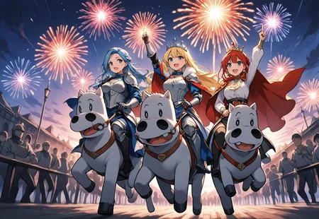 3girls, side-by-side, mature woman, queen, graceful, blonde hair, sword, hold, arm raised,makibaoo, riding, crossover, horseback riding, reins, holding, chasing,
BREAK, red hair, braids, knight, armor, makibaoo, riding, crossover, horseback riding, reins, holding, chasing,
BREAK, blue hair, long hair, helmet, armor, cape, makibaoo, riding, crossover, horseback riding, reins, holding, chasing, BREAK, celebrating, victory parade, procession, fireworks, multiple girls,
BREAK, medieval town, cobble, night, crowd, cheering, masterpiece, best quality, very aesthetic, absurdres,newest, ,sharp focus, perfect light, dynamic light, heavy lines, black outline, beautiful detailed shading, beautiful, 8K wallpaper, vibrant colors, high saturation, 2020s, very awa,