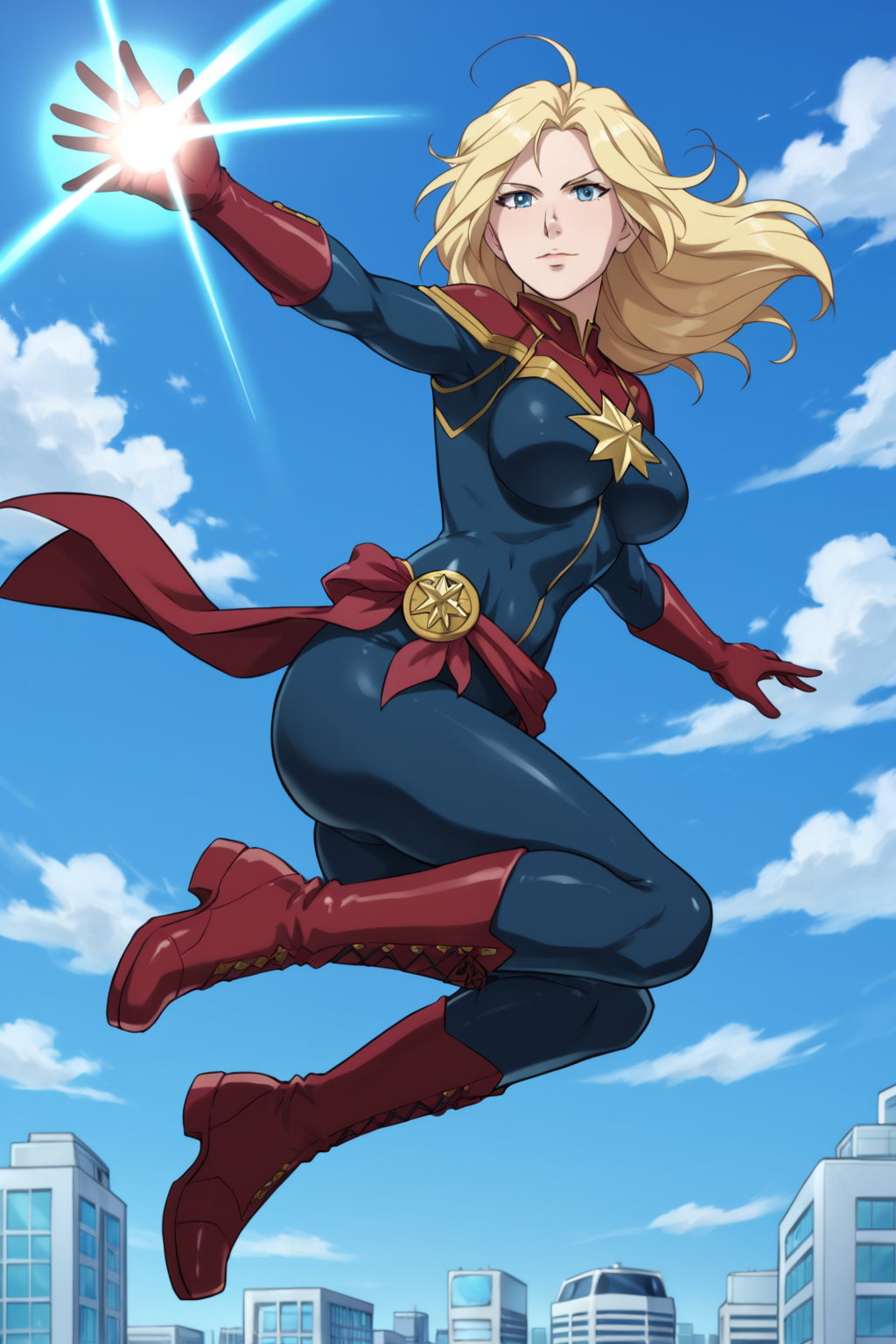PonyXLV6_Scores BREAK ((parody, anime coloring), perfect anatomy, perfect eyes, cowboy shot), <lora:add_details_xl:0.8> BREAK <lora:Captain_Marvel_-_Marvel_Animation:0.8> carol danvers, long hair, blonde hair, ahoge, blue eyes, ((looking at viewer)), bodysuit, superhero, gloves, sash, boots, large breasts, curvy, toned, athletic, floating, floating in air, floating hair, glowing, glowing hands, energy spheres, city skyline, outdoors