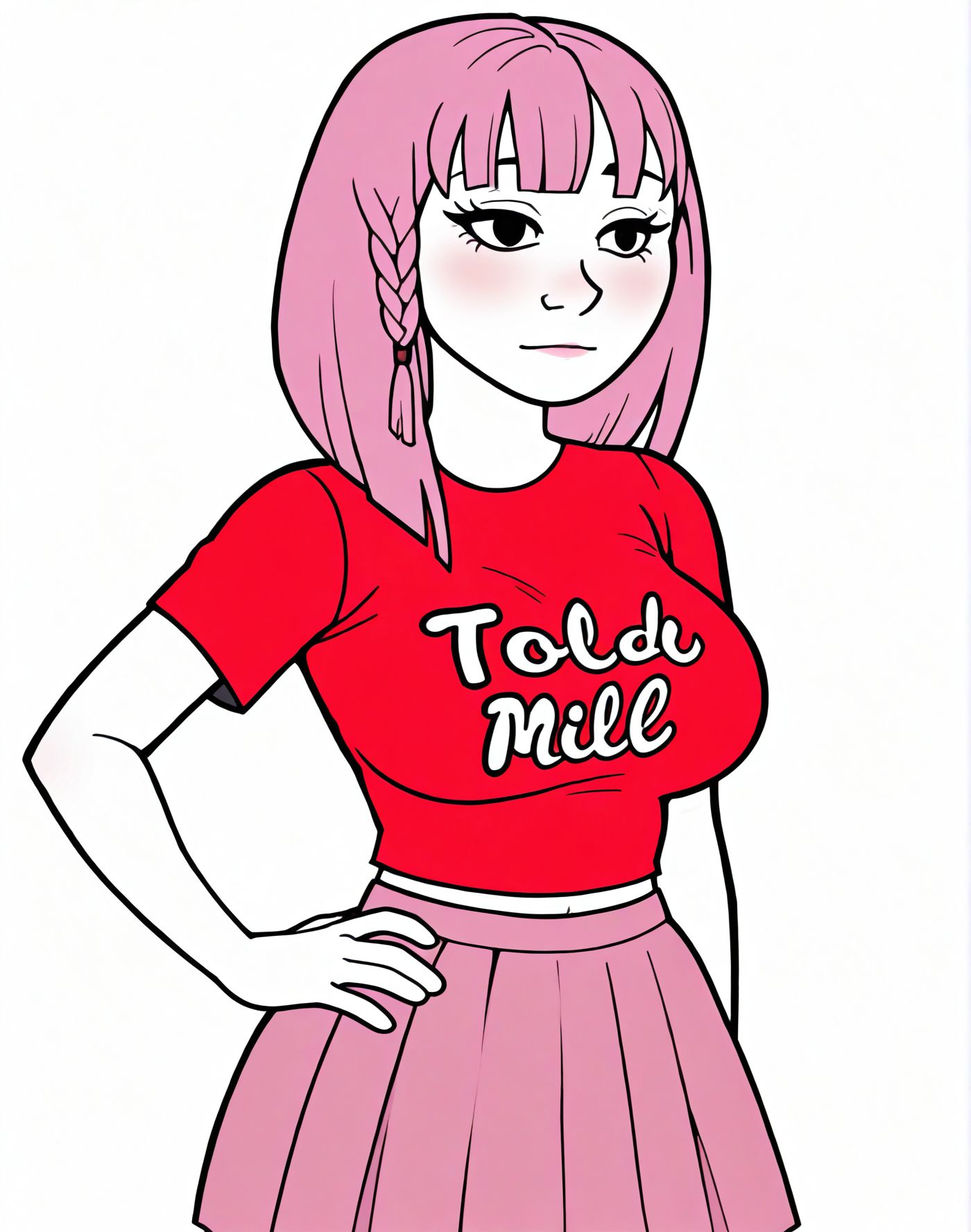 toon \(style\), 2d,
<lora:Wojak_style:1.1>Wojak style,
Bangs, hand on own hip, blush, bangs, 
1girl,skirt,   eyelashes, black eyes,
red shirt,braid,  solo, expressionless,  t shirt,
pink hair, light smile, text print shirt, 
midriff,big breasts, pink skirt,
pleated skirt, white skin,