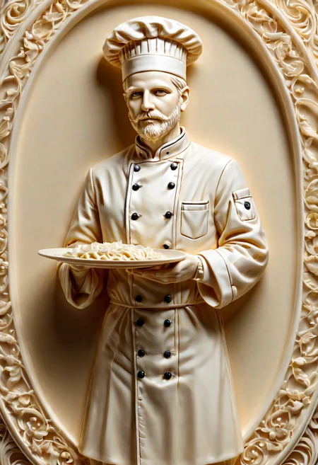 ivory_carving_style, beautiful picture of a chef master, closeup, made out of delicate and fragile fine original ivory material, whole body, masterpiece, flawless, elegant, vibrant details, (expansive view:1.4), (clear outlines:1.4), (ultra detailed:1.4), 64K, (high contrast:1.4), award winning, stunning, beautiful composition, clean sharp focus, SFW, realistic