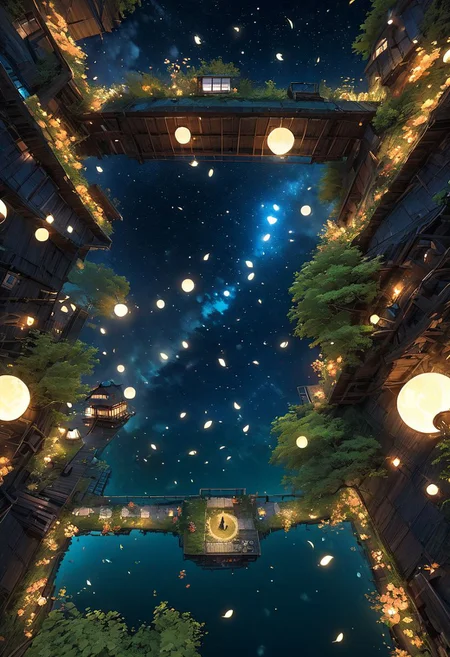 outdoors, The island floating in the air, human, bulding night, , (low light), top-down view, firefly -ar 9:16, high saturation, high contract