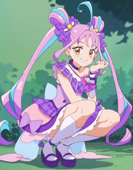 score_9, score_8_up, score_7_up, anime screencap,solo,1girl,curekyunkyun, purple choker, jewelry, dress, looking at viewer, magical girl, earrings, choker,dress, bow, wrist cuffs, hair ornament,small breasts,smile,blush,squatting
<lora:curekyunkuyn_pony:0.8>