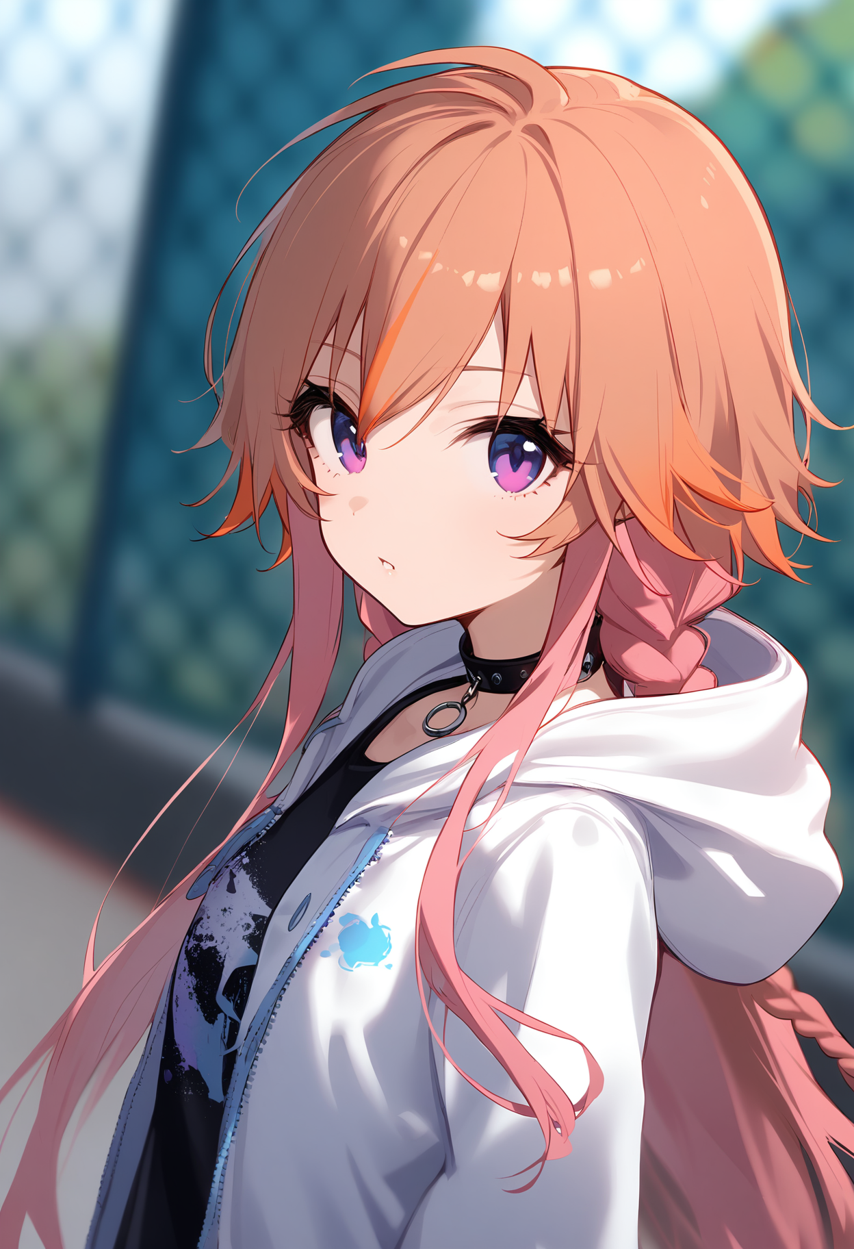 1girl,
ninomiya asuka,


solo, looking at viewer, chain-link fence, very long hair, brown hair, pink hair, long sleeves, hood down, open jacket, hooded jacket, long hair, orange hair, braid, choker, sleeves past wrists, blurry, white jacket, puffy long sleeves, parted lips, streaked hair, puffy sleeves, open clothes, hair between eyes, white shirt, depth of field, blurry background, shirt, blue eyes, jacket, black choker, multicolored hair, hood, fence,

sfw
<lora:a31_char_new_ninomiya_asuka-000008:1> <lora:a31_style_koni-000010:0.8>