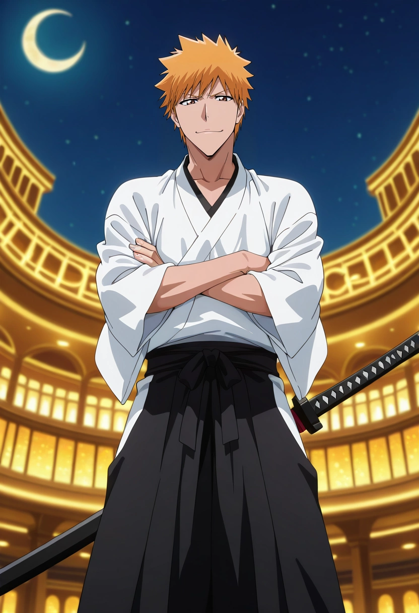masterpiece, best quality, intricate details, anime screencap, , official style, looking at viewer, depth of field, 1boy, solo, male focus, <lora:ichigo_kurosaki_ilxl:1>, ichigo_kurosaki, 1boy, orange hair, brown eyes, short hair, spiked hair, , japanese clothes, sword, from below, las vegas, casino, night, crescent moon, crossed arms, giggling,