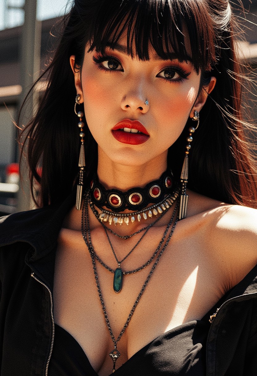 closeup zoomed in portrait of a femme fatale Japanese woman, bangs, sidelocks, long earrings, dark eyeshadow, red lips parted, choker, necklaces, cleavage, sexy, seductive, lustful, sultry, choker, silhouetted, professional photography, directional lighting, outdoors