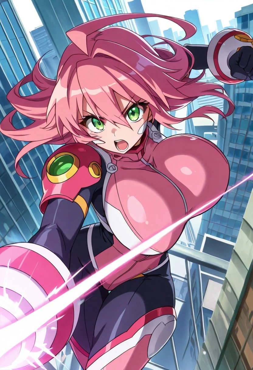 general,highres, ultra-detailed,very aesthetic,best quality ,best hands,best eyes,easynegative,
dynamic anglre, dutch angle, anime cloring,
1girl solo,looking at viewer,city,open mouth, fighting,
MM,pink_hair, huge breasts, green eyes, long_hair, ahoge,bodysuits