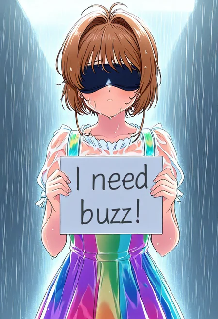 rain, 1girl,2b, Kinomoto_Sakura, short hair, black blindfold,need_buzz, holding sign,rainbow dress,wet clothes, wet hair