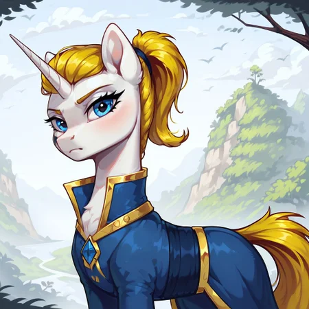 masterpiece, score_9, score_8_up, score_7_up, (best quality:1.1), ultra-detailed, high resolution, 1character, Honoria Goldmane, unicorn, pony, feral, mare, white skin, fluffy pony ears, horn, yellow mane, tail, ponytail, female, (((beautiful detailed blue eyes))), blue dress, (black triangles on one cheek), looking at you, frown, long eyelashes, (outside), (in the forest), Long eyelashes, Highly Visible, (((8k))), sharp focus, perfect lighting, detailed outfit, anatomically correct, extremely detailed, shine on body, high detail, serious facial expression, Expressiveh, detailed background, OverallDetail, zPDXL2