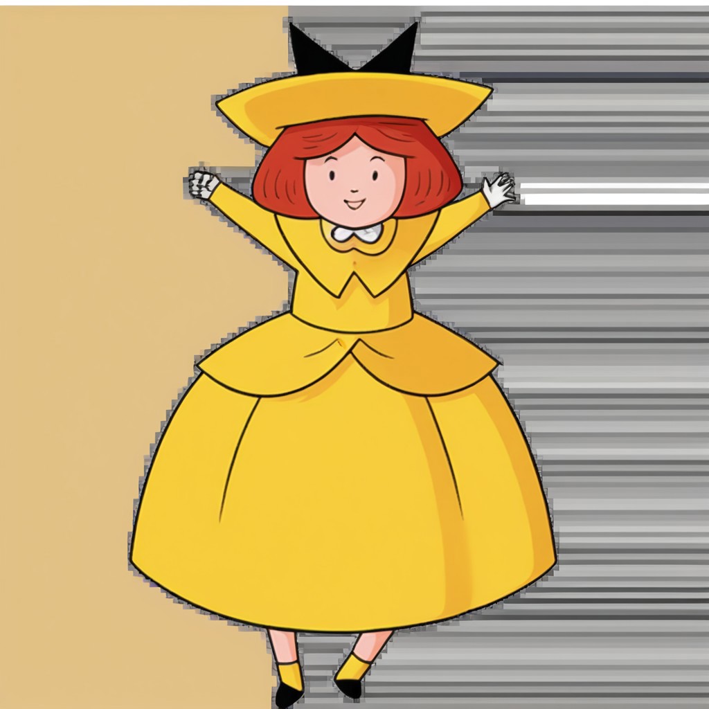1girl, solo, Madeline, yellow hat with a black hair bow, white gloves, red hair, smile, full body, princess make up, Very long large floor length wide straight yellow tulle long sleeved ball gown hoop skirt, ball gown hoop skirt, yellow princess dress, hoopdress, white pearl necklace, long elbow length princess gloves, my big princess gypsy wedding dress, ballgown, a girl in a dress posing like a princess for a picture, looking at viewer, pretty eyes, she is posing, hands on hips, closed mouth, closed eyes,