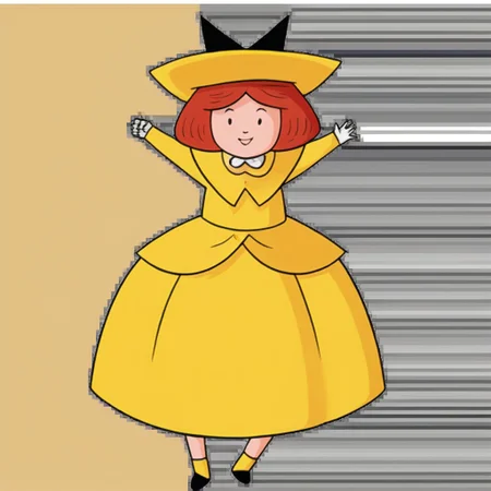 1girl, solo, Madeline, yellow hat with a black hair bow, white gloves, red hair, smile, full body, princess make up, Very long large floor length wide straight yellow tulle long sleeved ball gown hoop skirt, ball gown hoop skirt, yellow princess dress, hoopdress, white pearl necklace, long elbow length princess gloves, my big princess gypsy wedding dress, ballgown, a girl in a dress posing like a princess for a picture, looking at viewer, pretty eyes, she is posing, hands on hips, closed mouth, closed eyes,