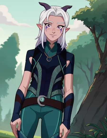 score_9, score_8_up, score_7_up, source_anime,
rayla, <lora:the-dragon-prince-rayla-ponyxl-lora-nochekaiser:1>,
rayla, long hair, white hair, horns, pointy ears, purple eyes,
boots, belt, bodysuit,
outdoors, nature, smile,
looking at viewer, dutch angle, cowboy shot,