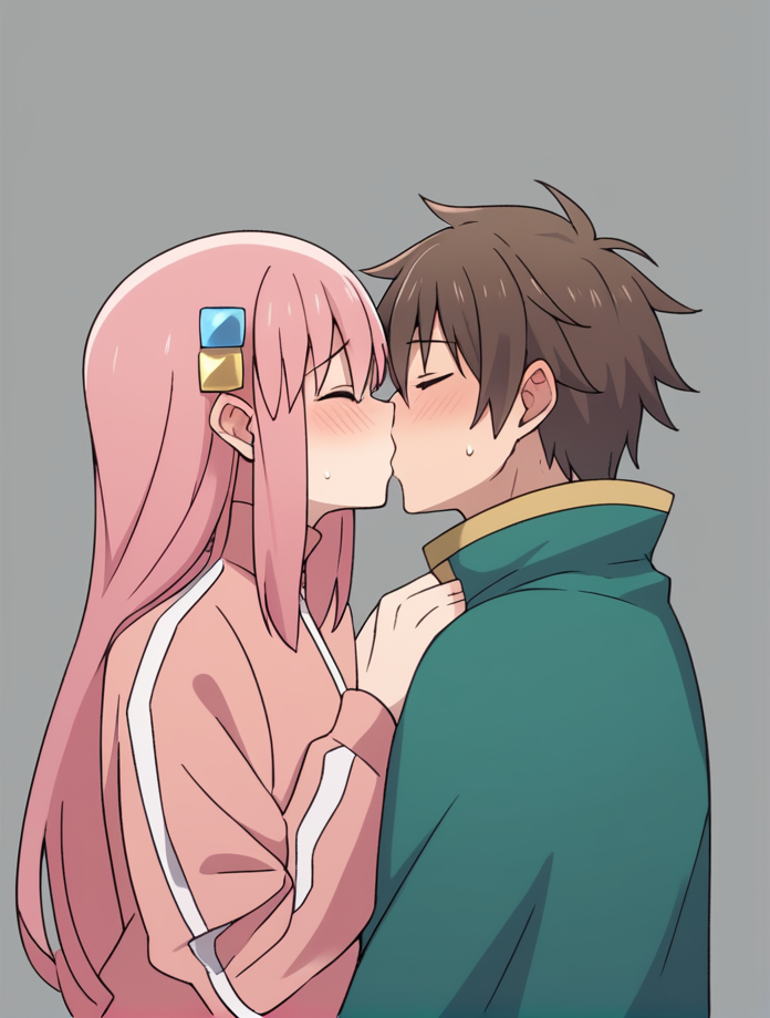 1 girl, 1 boy, gray background, kiss, kissing, upper body, score_9, score_8_up, score_7_up, source_anime best quality anime, intricate details, ADDCOMM
<lora:Hitori_Pony:1>, 1girl, pink_hair, long_hair, one_side_up, small_breasts, cube_hair_ornament, track_jacket, pink_jacket, pink jacket, big ass, blushing, embarrassed, kiss, kissing, closed eyes,
ADDCOL
<lora:Kazuma_Satou_Konosuba_Fantastic_Days:0.67> , kazumasatou-liver020, 1boy, male focus, brown hair, capelet, green capelet, short hair, male focus, white shirt, grey sleeves, small cape, kiss, kissing, closed eyes, score_9, score_8_up, score_7_up, Details, Captivating Details, intricate Details, Max Details, Detailed,