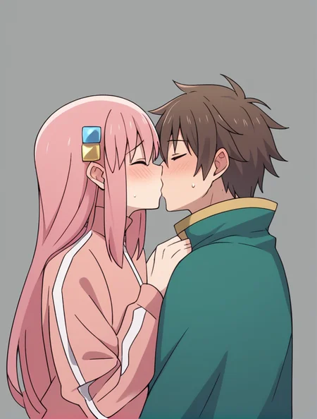 1 girl, 1 boy, gray background, kiss, kissing, upper body, score_9, score_8_up, score_7_up, source_anime best quality anime, intricate details, ADDCOMM
<lora:Hitori_Pony:1>, 1girl, pink_hair, long_hair, one_side_up, small_breasts, cube_hair_ornament, track_jacket, pink_jacket, pink jacket, big ass, blushing, embarrassed, kiss, kissing, closed eyes,
ADDCOL
<lora:Kazuma_Satou_Konosuba_Fantastic_Days:0.67> , kazumasatou-liver020, 1boy, male focus, brown hair, capelet, green capelet, short hair, male focus, white shirt, grey sleeves, small cape, kiss, kissing, closed eyes, score_9, score_8_up, score_7_up, Details, Captivating Details, intricate Details, Max Details, Detailed,