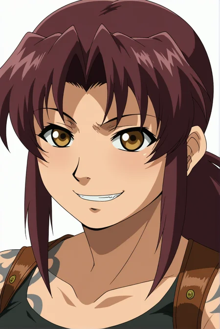 <lora:Revy:0.8>, Revy, 1girl, upper body, white background, smile