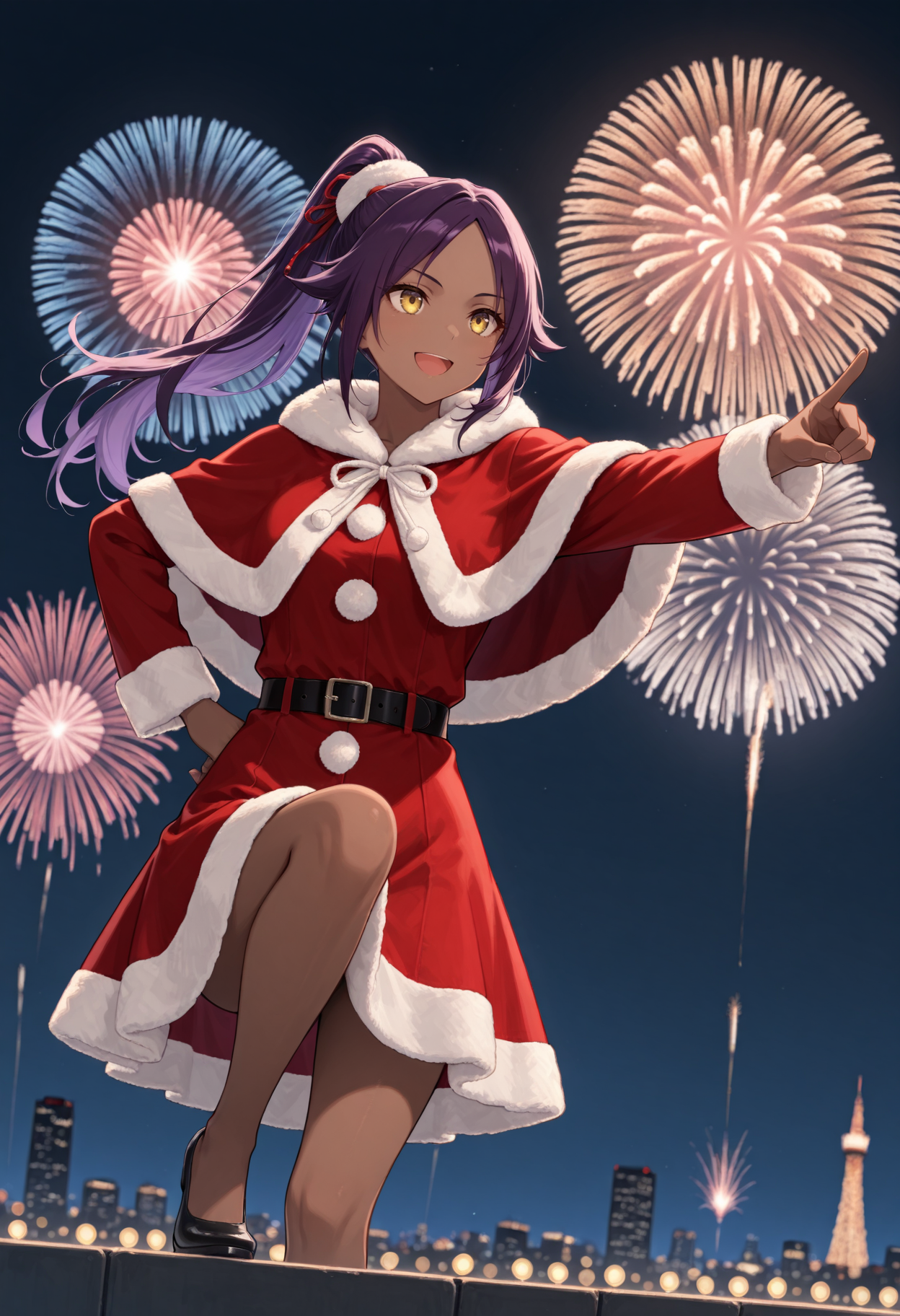 masterpiece, best quality, 1girl, solo, dark-skinned female, dark skin, purple hair, long hair, parted bangs, winter dress, santa costume, fur-trimmed capelet, fireworks, aerial fireworks, outdoors, pointing, outstretched arm, pointing forward, looking ahead, hand on own hip, yellow eyes, high ponytail, night, night sky, city lights, knee up, stepping, blurry, blurry background, bokeh, smile, open mouth