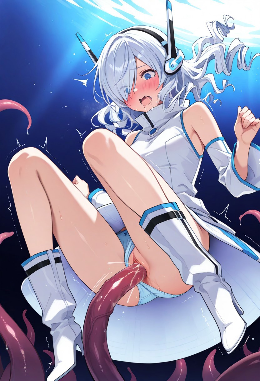 masterpiece, best quality, amazing quality, highres, absurdres, high resolution, ultra detailed, perfect details, aesthetic, ultra-detailed, high quality, newest, scenery, extreme detail, 8k, light particles, soft lighting, volumetric lighting, intricate details, finely detailed, detailed eyes, ENT_Girl, white hair, blue eyes, medium hair, curly hair, hair over one eyes, ENT_dress, ENT_Headphones, tall puffy collar with blue trim, bare shoulders, detached ENT_sleeves with blue trim, white ENT_uniform with blue trim, short dress, saucer skirt, bare legs, tall boots, ENT_boots, high heel boots, upskirt, pantyshot, blushing, embarrassed, half-lid eyes, trembling, legs apart, mibless style, arms out, tentacle sex, vaginal, drooling, open mouth, m-shaped legs, panties aside, tentacles, sex