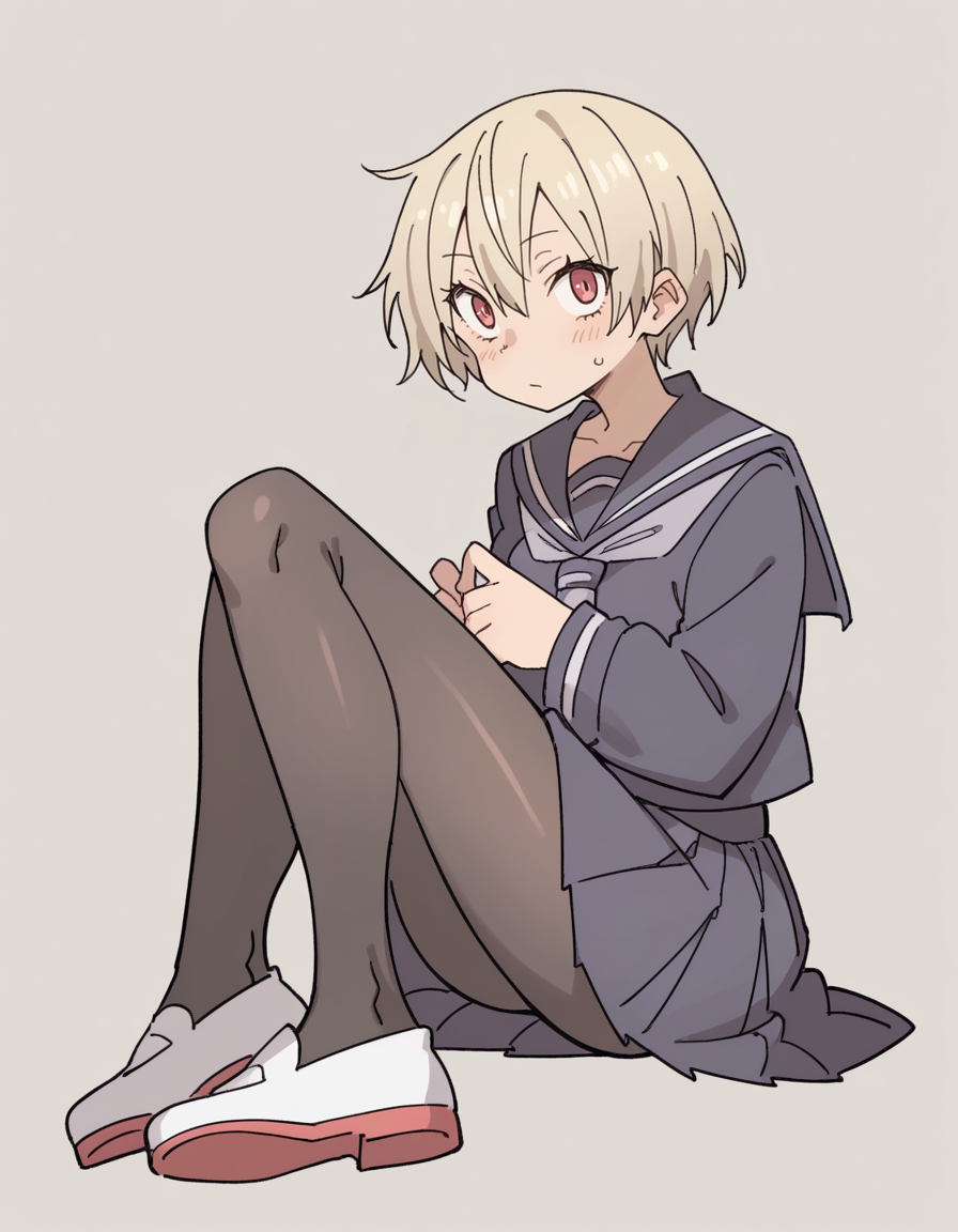 zPDXL, score_9, score_8_up, score_7_up, score_6_up, score_5_up, score_4_up, 1girl, solo,
 <lora:Maa:0.8> maa, flat color, serafuku, school uniform, pleated skirt, pantyhose, white footwear, uwabaki, looking at viewer,