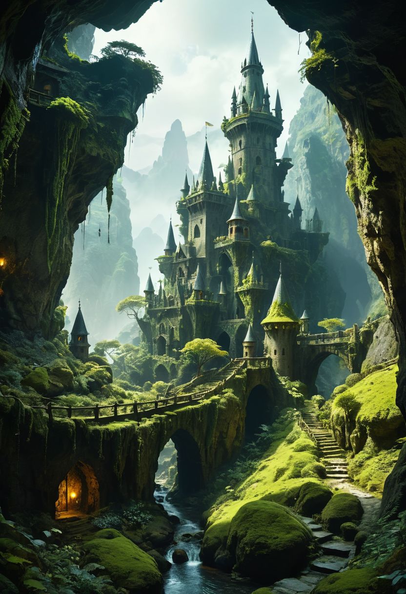 (magical fantasy hanging medieval city buildings with minarets in a fantastical vast expansive underground mossy enclosed cave dimension with lush shrubs vegetation), advntr, floating rock formations in zero gravity, (multi terraced slopes in a procession courtyard, cramped many story houses, many hanging connected multidimensional bridges and aqueducts with vines, giant olivine crystals and fungi), moody misty atmospherics, 4k, highres, best quality, dramatic, cinematic, epic, pantone analogue style, (concept art, digital art, realistic, professional masterpiece, dynamic, (curvilinear perspective), high view angle, establishing shot, low depth of field, tilt shift, iris blur, bokeh, sharp clarity:1.2), dvr-lnds-sdxl, fine intricate details, great lighting, warm dappled soft lighting, volumetric lighting, detailed highlights, rim lighting, low-key