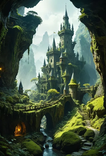 (magical fantasy hanging medieval city buildings with minarets in a fantastical vast expansive underground mossy enclosed cave dimension with lush shrubs vegetation), advntr, floating rock formations in zero gravity, (multi terraced slopes in a procession courtyard, cramped many story houses, many hanging connected multidimensional bridges and aqueducts with vines, giant olivine crystals and fungi), moody misty atmospherics, 4k, highres, best quality, dramatic, cinematic, epic, pantone analogue style, (concept art, digital art, realistic, professional masterpiece, dynamic, (curvilinear perspective), high view angle, establishing shot, low depth of field, tilt shift, iris blur, bokeh, sharp clarity:1.2), dvr-lnds-sdxl, fine intricate details, great lighting, warm dappled soft lighting, volumetric lighting, detailed highlights, rim lighting, low-key