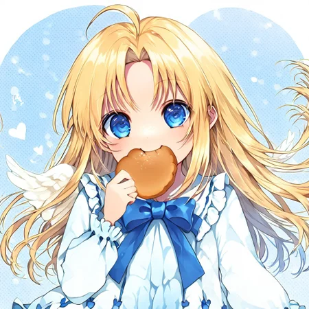 score_9, score_8_up, score_8, score_7_up, 
1girl, solo, AEFilo, blue eyes, blonde hair, ahoge, long hair, white wings, blue bowtie, white dress, frilled dress, frilled sleeves, long sleeves, barefoot, polka dots background, smile, eating, bread, loaf, eating, close shot, cute girl, looking at viewer,
cute, kawaii, hearts,