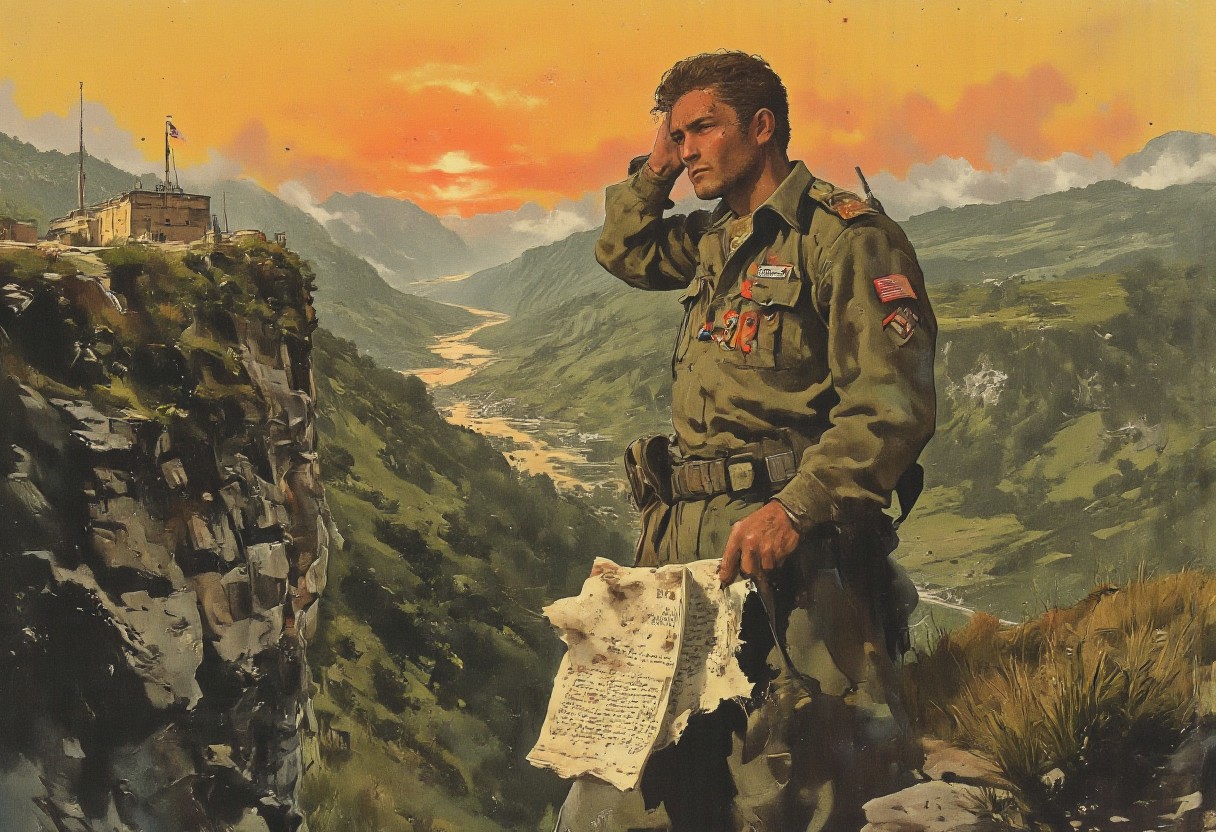 A young adult, dressed in a slightly worn military uniform, standing on the edge of a cliff overlooking a vast, serene landscape. The sun is setting in the distance, casting a warm orange glow over the rolling hills and a vast expanse of water. The uniform is adorned with a few service ribbons and a name tag that reads "Johnson." In one hand, they hold a crumpled enlistment contract, the edges frayed and the ink slightly smudged. The other hand is resting on their forehead as they gaze out at the horizon with a contemplative expression. Behind them, a military base is just visible in the fading light, with a single flag waving solemnly in the breeze. The stark contrast between the peaceful scenery and the figure's tense posture suggests a moment of profound realization or regret. The cliff symbolizes the metaphorical crossroads of their life, with the decision to let their contract expire leading to an uncertain future. The vibrant colors of the sunset hint at potential for growth and change, yet the shadows creeping in from the sides of the frame add a layer of doubt and the weight of the decision made. The overall atmosphere is one of reflection and contemplation, as the individual grapples with the consequences of their choice and the vastness of the path ahead.