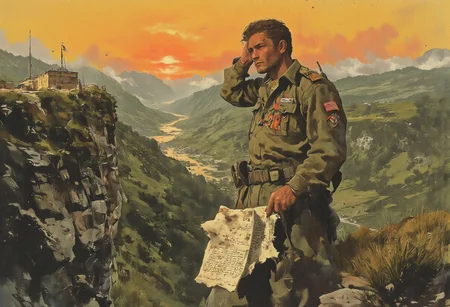 A young adult, dressed in a slightly worn military uniform, standing on the edge of a cliff overlooking a vast, serene landscape. The sun is setting in the distance, casting a warm orange glow over the rolling hills and a vast expanse of water. The uniform is adorned with a few service ribbons and a name tag that reads "Johnson." In one hand, they hold a crumpled enlistment contract, the edges frayed and the ink slightly smudged. The other hand is resting on their forehead as they gaze out at the horizon with a contemplative expression. Behind them, a military base is just visible in the fading light, with a single flag waving solemnly in the breeze. The stark contrast between the peaceful scenery and the figure's tense posture suggests a moment of profound realization or regret. The cliff symbolizes the metaphorical crossroads of their life, with the decision to let their contract expire leading to an uncertain future. The vibrant colors of the sunset hint at potential for growth and change, yet the shadows creeping in from the sides of the frame add a layer of doubt and the weight of the decision made. The overall atmosphere is one of reflection and contemplation, as the individual grapples with the consequences of their choice and the vastness of the path ahead.