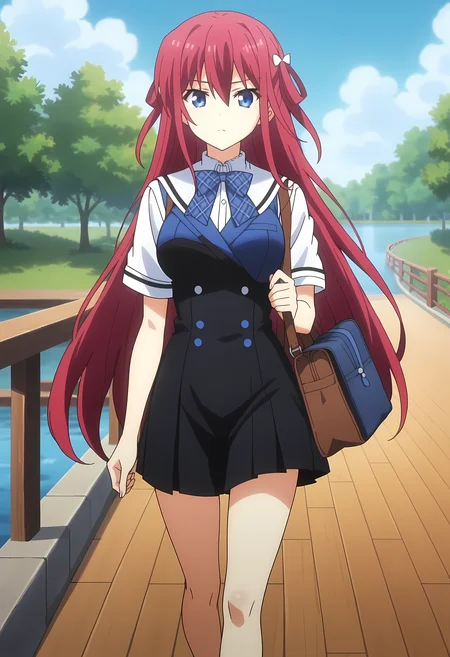 score_9, score_8_up, score_7_up, source_anime, 2d, Amane Suou, 1girl, burgundy hair, long hair, blue eyes, big breasts, white hair ornament, blue ribbon, white shirt, school uniform, anime coloring, anime screencap, detailed eyes, zPDXL, perfect faces, uncensored, rating_explicit, <lora:amane_suou_0-000030:1>, wooden bridge, bag, walking,