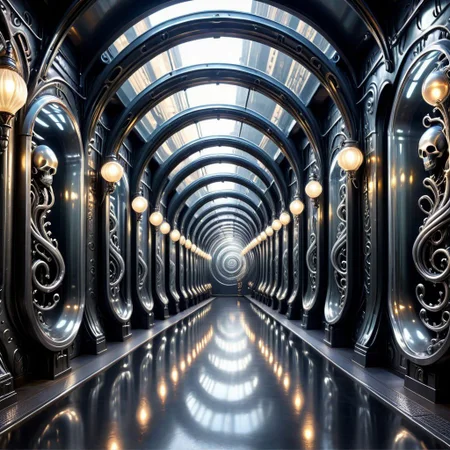 a vast dungeon, a mine, a retro subway, LIQUID METAL oval biopunk ornaments on steel columns, android columns,, light bulbs, giger art nouveau ornaments on glass walls, epic, colossal,Spiral Effect