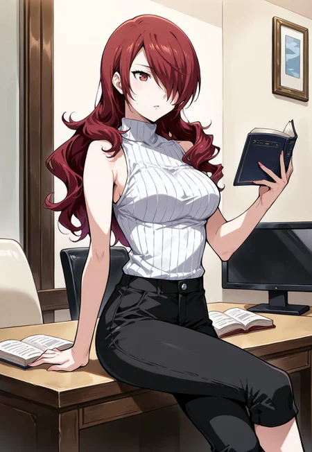 (masterwork, masterpiece, best quality, hyper-detailed :1.3), 
1 girl, solo,
p3mitsuru, kirijou mitsuru, long hair, red hair, hair over one eye,
p3mitsuru-sumcas, turtleneck, sleeveless turtleneck, sleeveless, ribbed turtleneck, bare shoulders, pants, black pants, capri pants,
living room, at desk, reading book, legs crossed