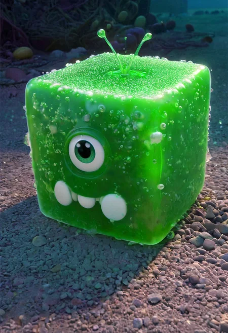 the enormous gigantic cute gelatine ooze cube with the surprised eyes in the tunnels, dim light, pixar art, detailed, intricate details, 8k, best quality, hdr, masterpiece