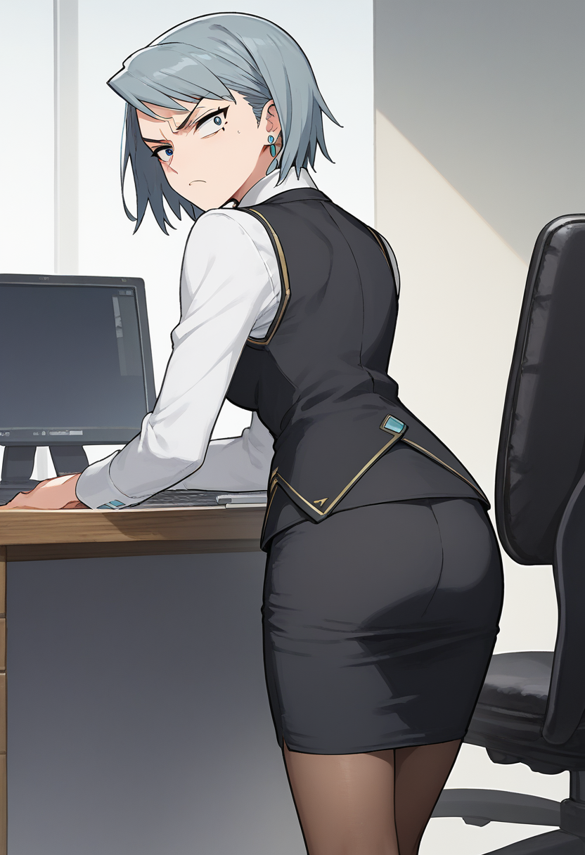 score_9, score_8, score_7, source_anime,
anime, official art,
rating_general,
<lora:franziska-ponyxl-000007:1>franziska von karma, 
vest, white shirt, pencil skirt, pantyhose
1girl, solo, looking back, annoyed, computer, office chair