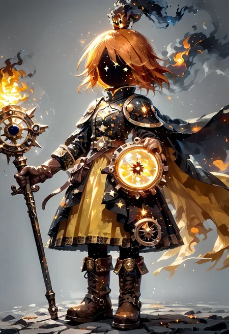 score_9, score_8_up, score_7_up,
lord_of_frenzy, fire head,
starry_morph,
novakin, faceless, no eyes, no mouth, no nose, no facial features, short fiery yellow orange hair, body made of black plasma,
magical girl outfit, yellow steampunk dress, brown boots, brow shirts, brown gloves, utility belt,
holding magical staff,
simple background, grey background
DSP, artist:DSP, mogeko,