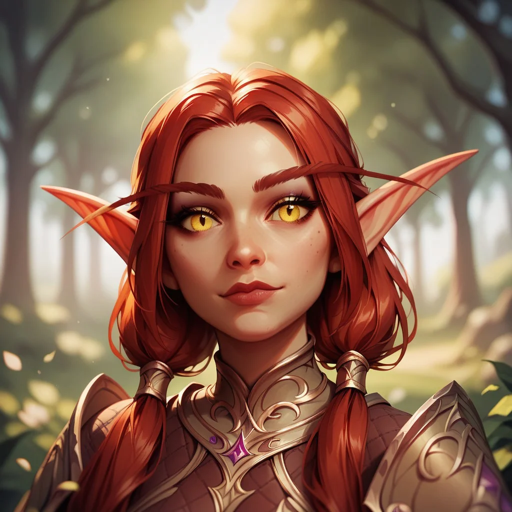(((beautiful, high quality))), upper Body, score_9, score_8_up, score_7_up,
Elf, pointed ears, long eyebrows,
1girl, red hair, pigtails, yellow eyes, armor,
looking at the viewer, posing, blurred background,
