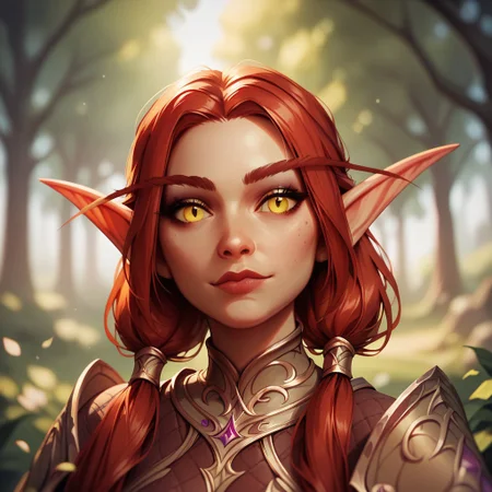(((beautiful, high quality))), upper Body, score_9, score_8_up, score_7_up,
Elf, pointed ears, long eyebrows,
1girl, red hair, pigtails, yellow eyes, armor,
looking at the viewer, posing, blurred background,