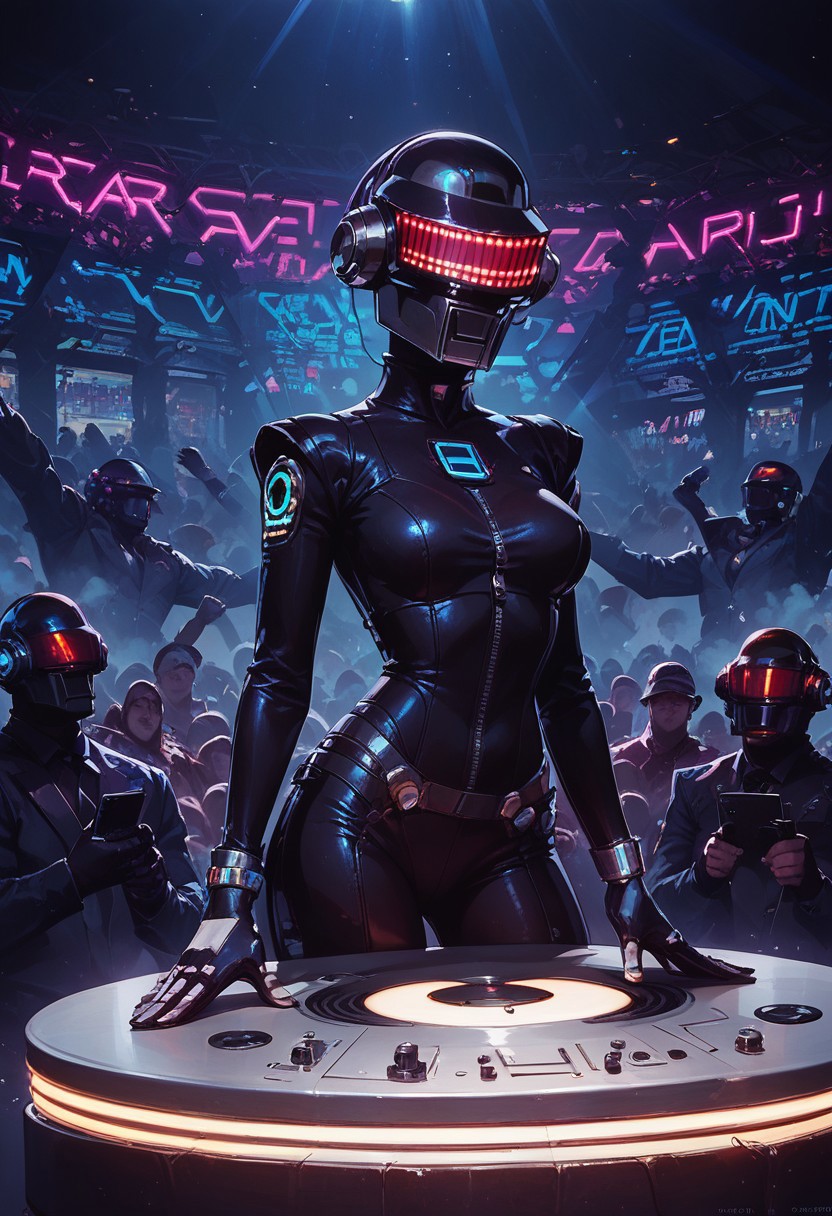 score_9, score_8_up, score_7_up, rave, helmet, skintight bodysuit, dj, Tron, mix table, concert, linear laser light show, crowd, dark tone, bright lasers, edm, edm concert, edm turntable, high energy, edm mix, laser beams, neon light show, highly detailed, intricate, zzCitronLegacy, daft punk, daft punk helmet, 1girl, adult