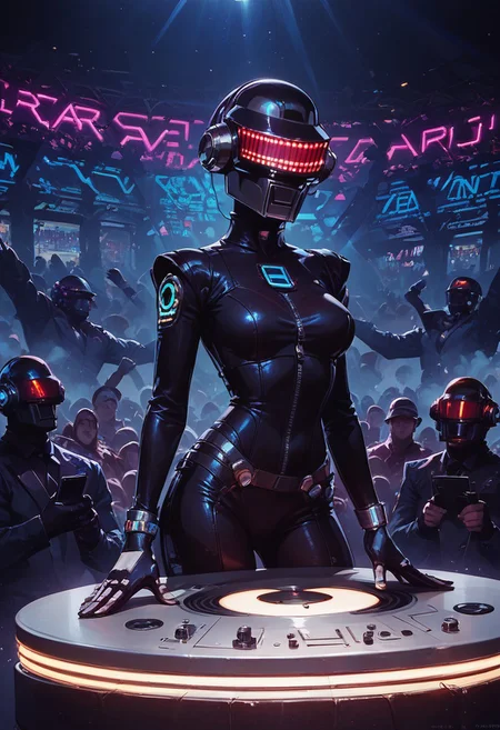 score_9, score_8_up, score_7_up, rave, helmet, skintight bodysuit, dj, Tron, mix table, concert, linear laser light show, crowd, dark tone, bright lasers, edm, edm concert, edm turntable, high energy, edm mix, laser beams, neon light show, highly detailed, intricate, zzCitronLegacy, daft punk, daft punk helmet, 1girl, adult